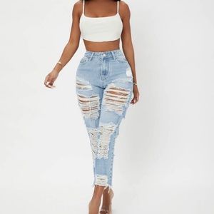 High Waist Ripped Cropped Jeans Light Wash 29
